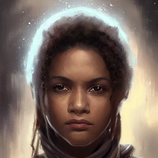 Image similar to portrait of a woman by greg rutkowski, young jedi knight, black, afro hair, pretty, star wars expanded universe, she is about 2 0 years old, wearing jedi robes, highly detailed portrait, digital painting, artstation, concept art, smooth, sharp foccus ilustration, artstation hq