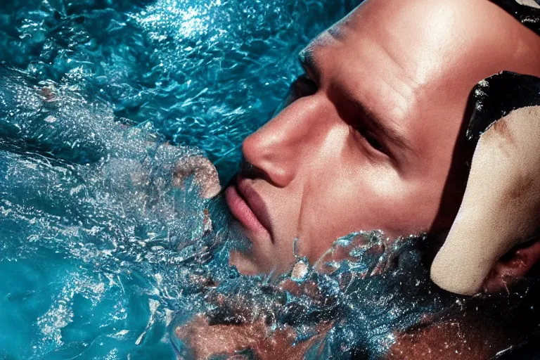 Image similar to hyperrealistic film still of hitman swimming in a pool of slushie at 7 1 1 stunning 3 d render, inspired by istvan sandorfi & greg rutkowski & unreal engine, perfect facial symmetry, dim volumetric cinematic lighting, 8 k octane comprehensive render, extremely hyper - detailed, incredibly lifelike attributes, intricate, real flesh texture, masterpiece, artstation, stunning,