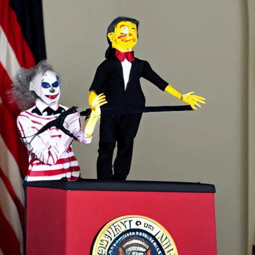 Image similar to mad puppeteer using marionette of a president with clown makeup in a podium