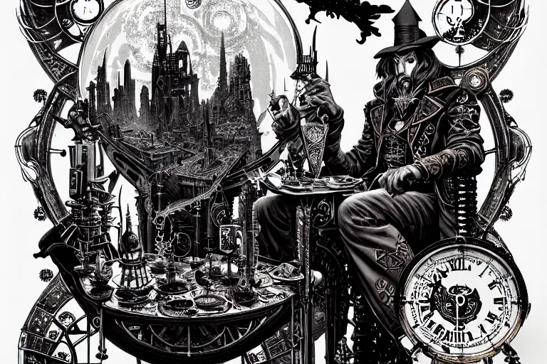 Image similar to a majestic steampunk wizard table, high details, lineart, by vincent di fate and joe fenton, inking, etching, screen print, masterpiece, trending on artstation, sharp, high contrast, hyper - detailed,, hd, 4 k, 8 k