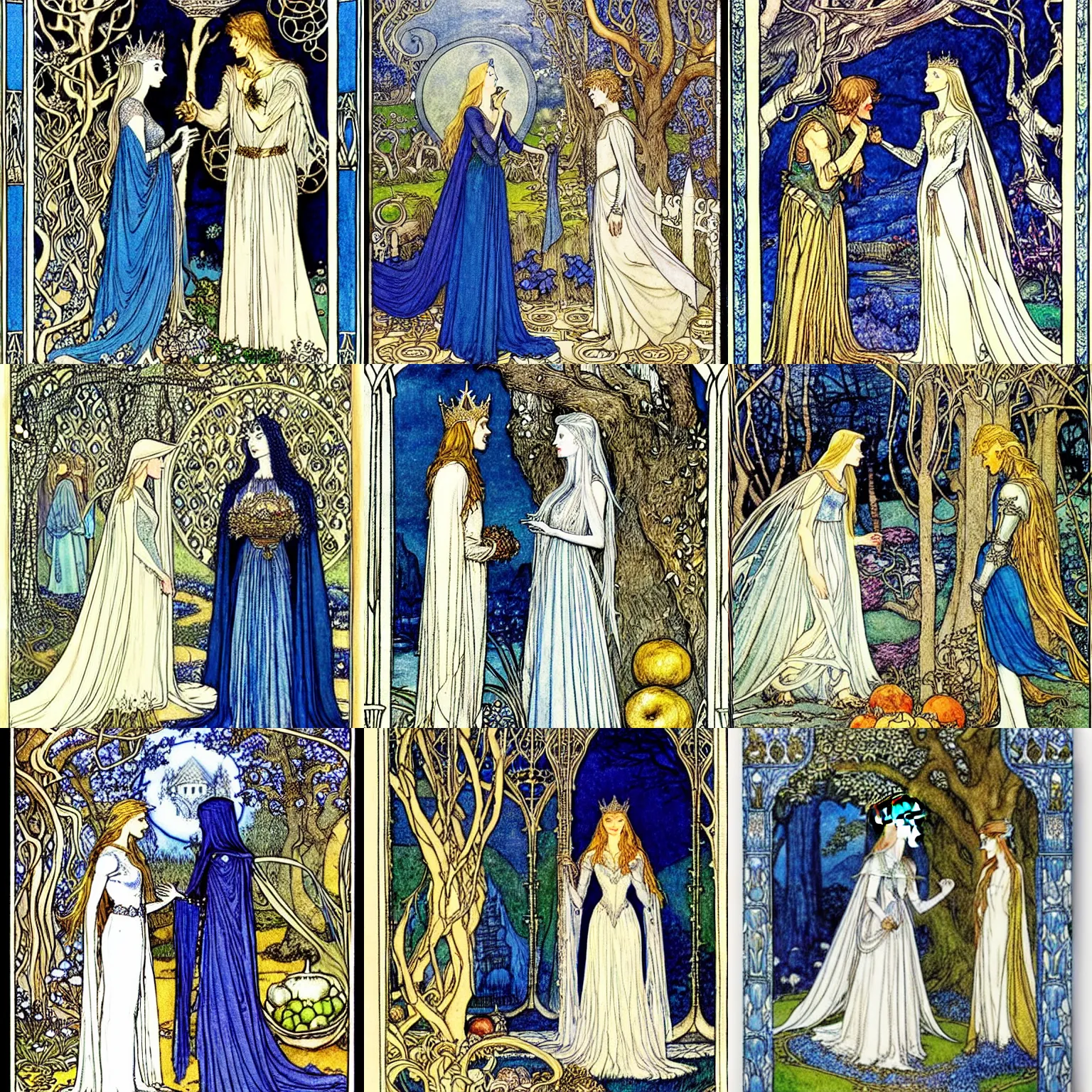 Prompt: Queen Galadriel meets with a prince, the background is a tree with golden apples, detailed, blue tones, silver, romantic, intricate fairy tale illustration from an old book by Walter Crane, Florence Harrison and Arthur Rackham