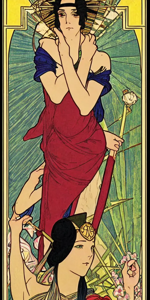 Image similar to the fool, rider - waite tarot card with an art deco boarder, high quality, digital painting, by studio ghibli and tammara de lempika and alphonse mucha