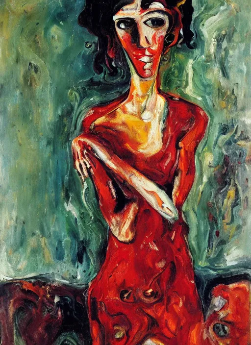 Prompt: an oil painting of a woman looking distressed, intense eyes, in a red dress posing with meat in expressive style of Chaim Soutine and Frank Auerbach, palette of maroon alizarin and dark gray greens, thick impasto painting technique