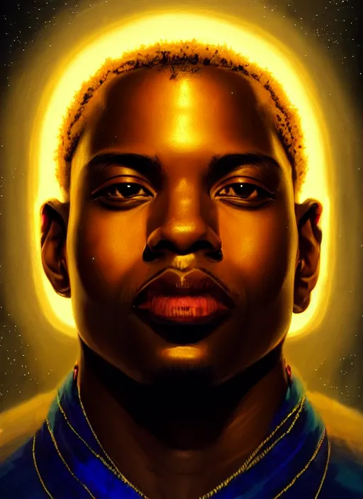 Prompt: portrait of handsome black man genius with expanding consciousness, brain powers, afro - futurist style, intricate, elegant, glowing lights, highly detailed, digital painting, artstation, concept art, smooth, sharp focus, illustration, art by wlop, mars ravelo and greg rutkowski