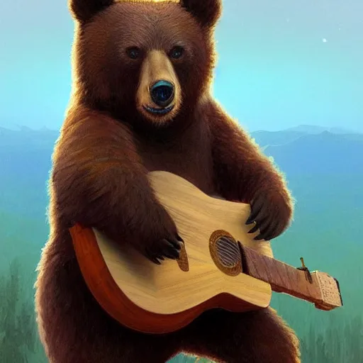 Image similar to realistic bear holding a triangular wooden triangle + guitar sound hole + guitar neck, highly detailed, digital painting, artstation, concept art, smooth, sharp focus, illustration, cinematic lighting, art by artgerm and greg rutkowski and alphonse mucha