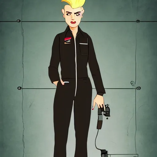 Image similar to character concept art of stoic heroic emotionless handsome blond butch tomboy woman with very short slicked-back hair, in atompunk jumpsuit and boots, science fiction, atompunk, illustration