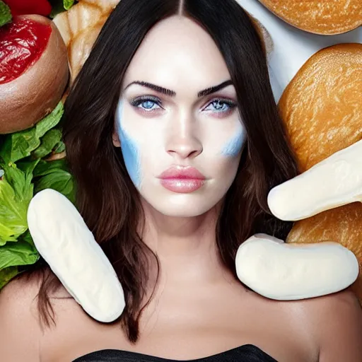 Prompt: mayonnaise in the shape of a human face, human face made out of mayonnaise, megan fox made out of mayonnaise!!!!!, white face paint, professional food photography, unreal engine, by giuseppe arcimboldo