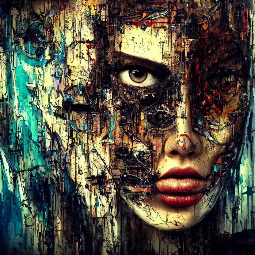 Prompt: sexy beautiful girl head made of mech mask rendered in unreal engine, cyberpunk, dark scifi, painted by david burliuk bernard buffet | carne griffiths | wlop, face symmetry, 2 eyes, proportional face