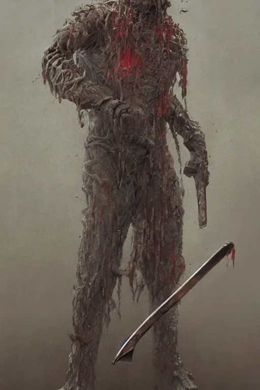 Prompt: distorted, grotesque vision of Jason Voorhies with machete peering through corpse, dark, intricate, smooth, artstation, painted by Wayne Barlowe, Greg Rutkowski, Zdislav Beksinski