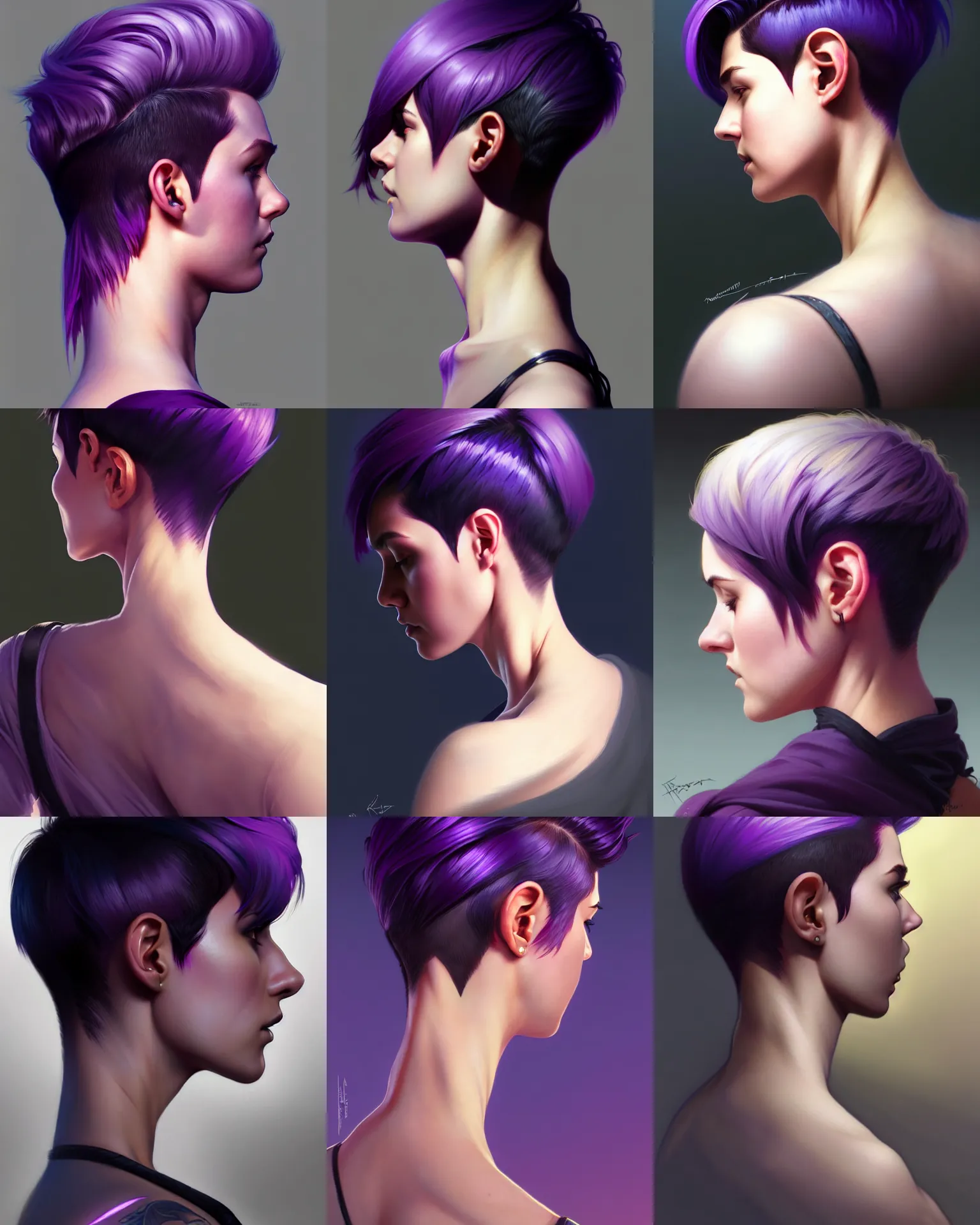 Prompt: Back Portrait of rugged young adult female, pixie undercut hairstyle, black to purple fade hairstyle, cinematic rim light, highly detailed, digital painting, artstation, concept art, sharp focus, illustration, art by artgerm and greg rutkowski and alphonse mucha