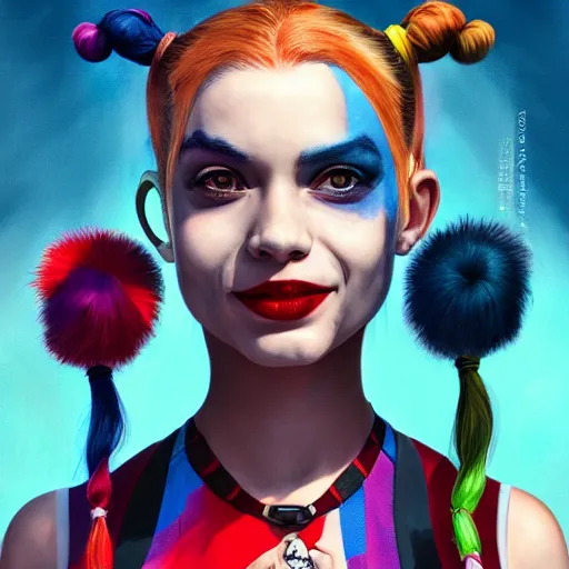 Image similar to Harley Quinn as a beautiful young ape kid with long pony tails on either side of her head, illustration, comic, by James Jean, artgerm, octane render, by John Coltrane and Marc Simonetti, kinemacolor, colorful, high detail of the face, full body