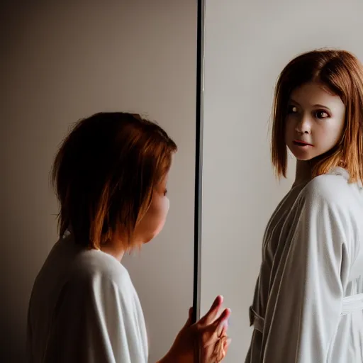 Image similar to , a beautiful girl dressed in robes looking in the mirror at a older girl, 5 0 mm lens, f 1. 4, sharp focus, ethereal, emotionally evoking, head in focus, volumetric lighting, blur dreamy outdoor,