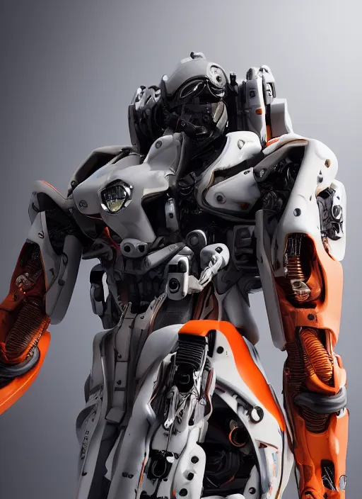 Image similar to a Photorealistic dramatic hyperrealistic full frame render of a Sleek futuristic exosuit Freedom Formula Racing Mech,Ultra realistic details,glossy white metal,Orange racing stripes,weathered surfaces,by Hidetaka Tenjin,Yoh Yoshinori,Yoji Shinkawa,Masamune Shirow,Beautiful dramatic dark moody tones and lighting,cinematic atmosphere,studio lighting,shadows,dark background, Octane render,8K