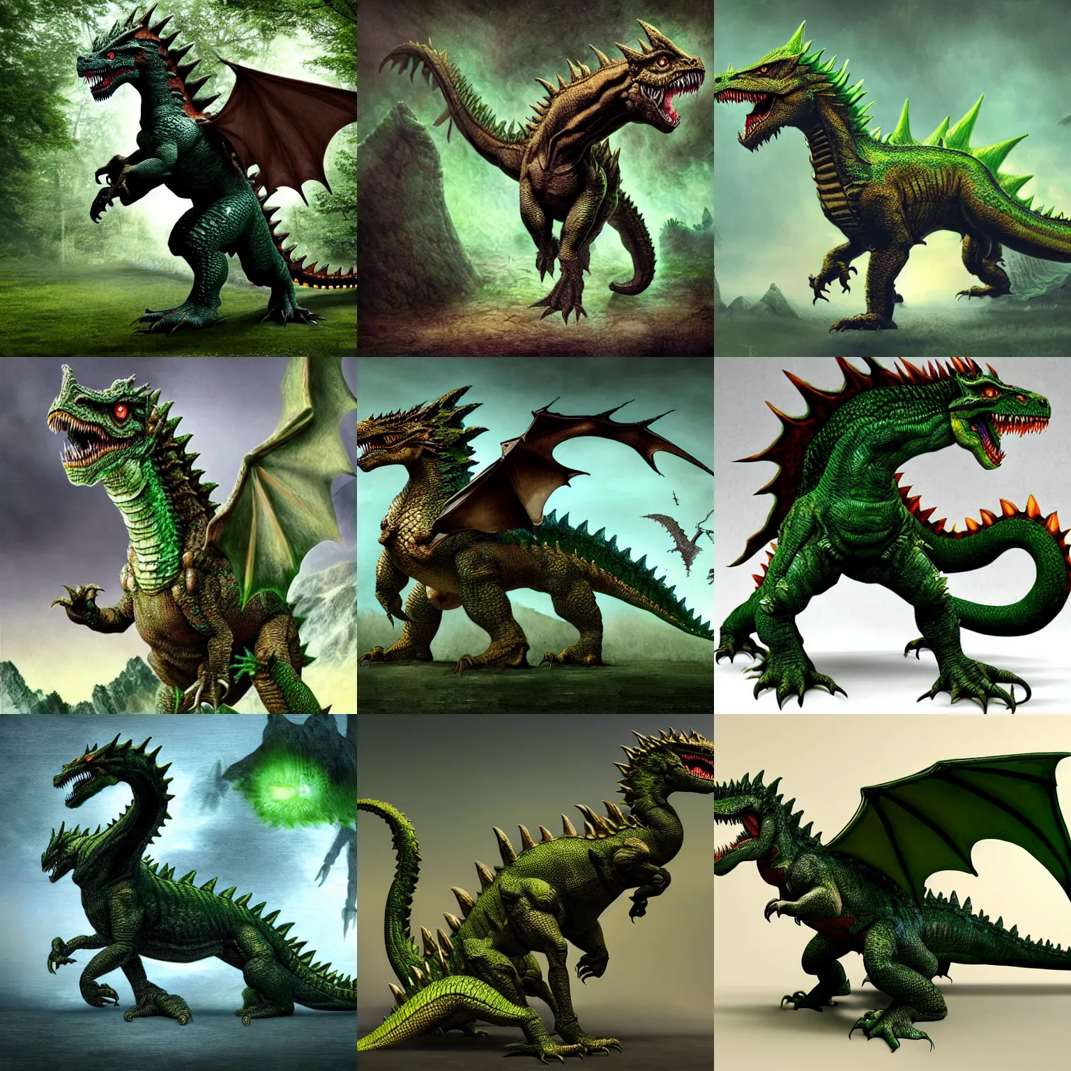 Prompt: moss dragon, western dragon, claws, godzilla, walking, strong legs, t - rex, dinosaur, green dragon, photorealism, forrest, large tail, long neck, daylight, large wings, bat wings, dragon horns, strong arms, alduin, griffon, basilisk, wyvern, smaug, outstretched wings