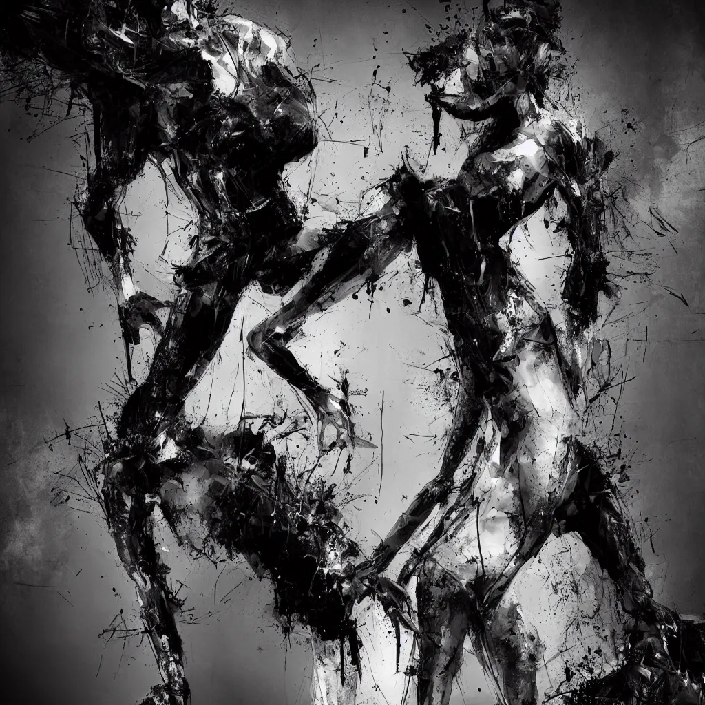 Image similar to black and white full body shot man background abstract expressionism quality render unreal engine 5, 3 d by russ mills