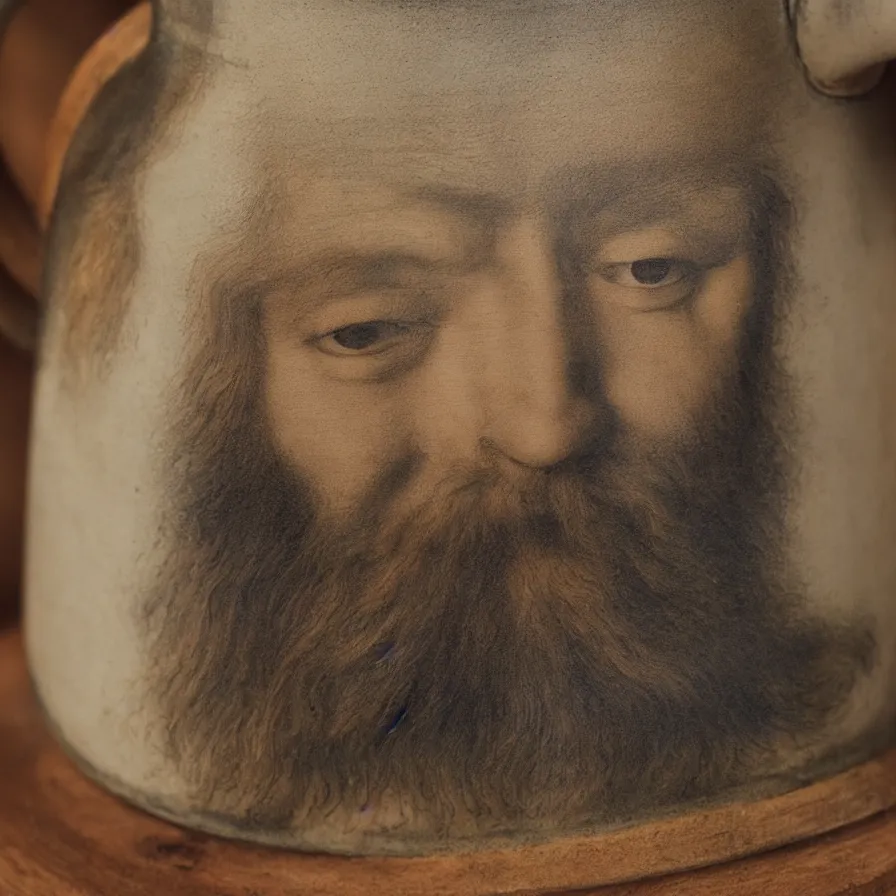 Image similar to beautiful close - up studio photograph of a hand - thrown stoneware mug painted with albrecht durer self portrait on a wooden table, hyperrealism 8 k trending on artstation