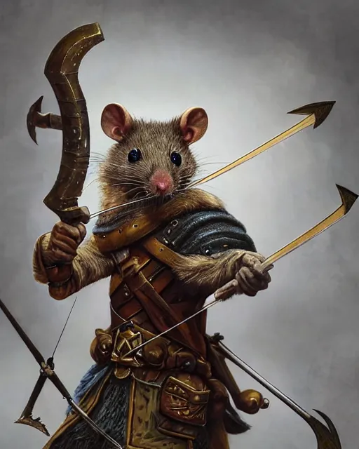 Prompt: closeup 2 8 mm anthropomorphic archer rat using a crossbow in a castle, d & d, fantasy, intricate, action pose, particle effects, highly detailed, digital painting, artstation, concept art, matte, sharp focus, volumetric lighting, illustration, hearthstone, art by artgerm, wlop, craig mullins, alphonse mucha