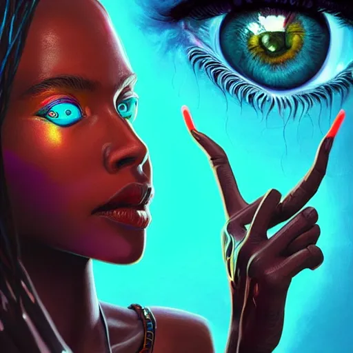 Image similar to african neon necromancer, science fiction, highly detailed, digital painting, beautiful eyes, symmetry, concept art, sharp focus, illustration, global illumination, radiant light, synthwave colors, detailed and intricate environment, art by artgerm and greg rutkowski and magali villeneuve and ilya kuvshinov!