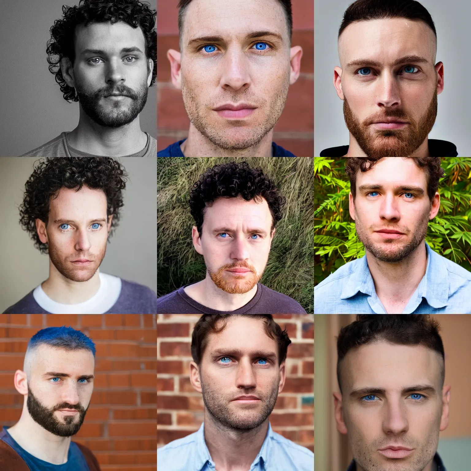Prompt: a centered photo of a white man. oval shaped face, blue eyes, brown stubble, dark brown short curly hair with shaved sides