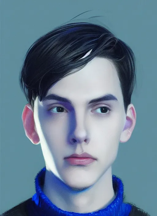 Image similar to portrait of teenage jughead jones wearing a light grey crown, crown, blue turtleneck, closed eyes, photorealistic, black hair, glowing lighting, intricate, elegant, glowing lights, highly detailed, digital painting, artstation, concept art, smooth, sharp focus, illustration, art by wlop, mars ravelo and greg rutkowski