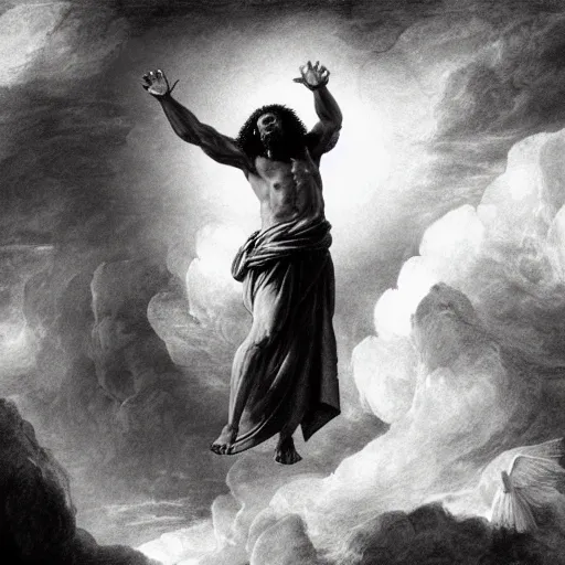 Prompt: black Jesus, highly detailed, full figure, ascending into heaven, black and white matte painting, Rembrandt