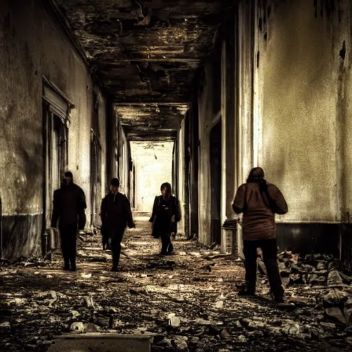 Image similar to A group of people exploring an abandoned city, dark theme, art