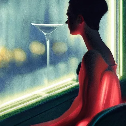Prompt: silhouette of Elle Fanning holding a martini in a diner, stormy weather, extremely detailed masterpiece, oil on canvas, low-key neon lighting, artstation, Blade Runner 2049, Roger Deakin’s cinematography, by J. C. Leyendecker and Peter Paul Rubens,
