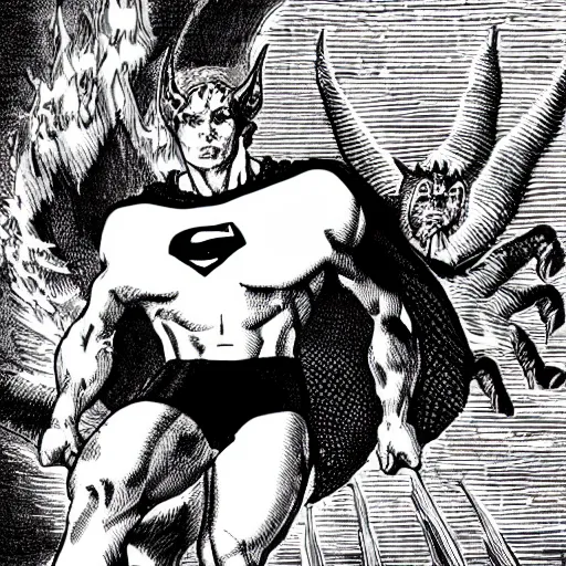 Image similar to satan dressed as superman is devil flying with whip demon tail. detailed. photorealistic