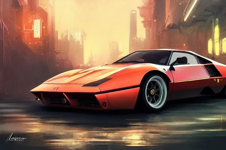 Image similar to luxury cyberpunk Ferrari 288 GTO, highly detailed, digital painting, artstation, concept art, sharp focus, illustration, art by artgerm and greg rutkowski and alphonse mucha