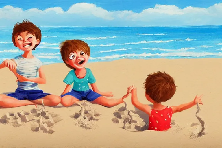 Image similar to Two happy children sitting on the beach making sandcastles, blue sky, HD, artstation, illustration by Benji Davies