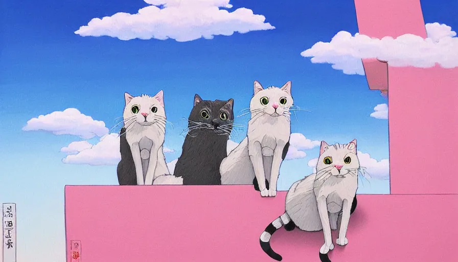 Image similar to highly detailed contemporary acrylic painting of really tall sitting cats by studio ghibli, thick brush strokes and visible paint layers, glistening clouds in background, light blue black, white and pink vivid pastel color scheme