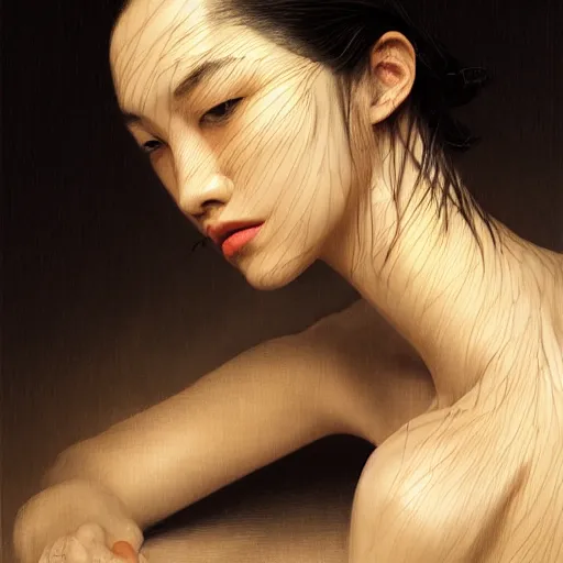 Image similar to Kiko Mizuhara, physically accurate, dramatic dynamic lighting, intricate, elegant, highly detailed, digital painting, artstation, very hyperrealistic, HR GIGER, Hieronymus Bosch, Francis Bacon, Tomas Sanchez, Renaissance, concept art, smooth, sharp focus, illustration, art by artgerm and greg rutkowski and alphonse mucha