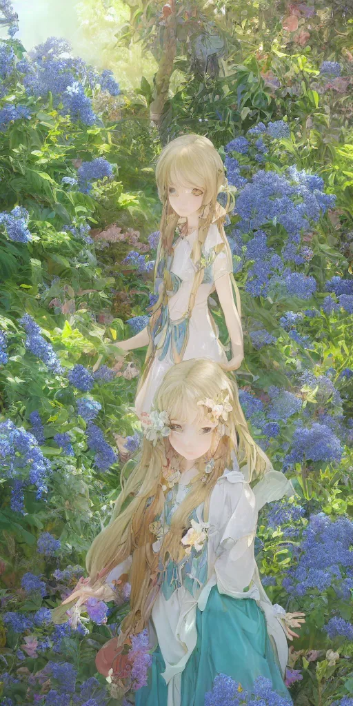 Image similar to a digital art of a loli with long hair in a dress in the privet garden at after noon, green and warm theme, blue flowers accents, back lighting, by krenz cushart and mucha and akihito yoshida and greg rutkowski, highly detailed, 4 k resolution, trending on art station