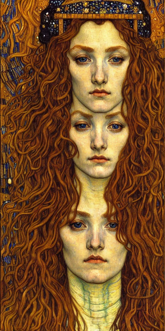 Image similar to detailed realistic beautiful young medieval queen face portrait by jean delville, gustav klimt and vincent van gogh, art nouveau, symbolist, visionary, gothic, pre - raphaelite, muted earthy colors, desaturated