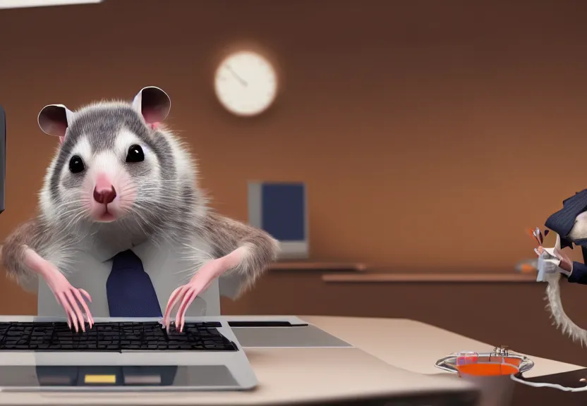 Image similar to possum dressed as an office worker, working on a desktop computer, in a modern office, highly detailed, 4k, trending on Artstation, award-winning