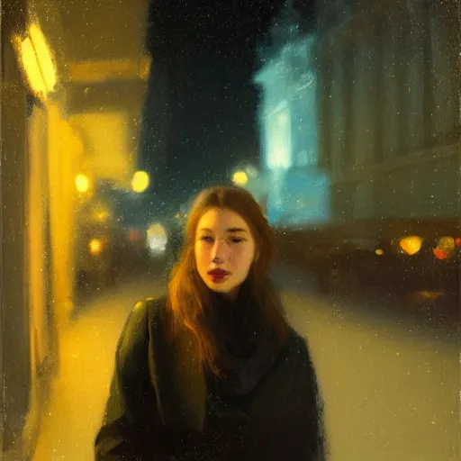 Image similar to detailed portrait of a woman in the city street at night, bokeh, long exposure, painting by jeremy lipking