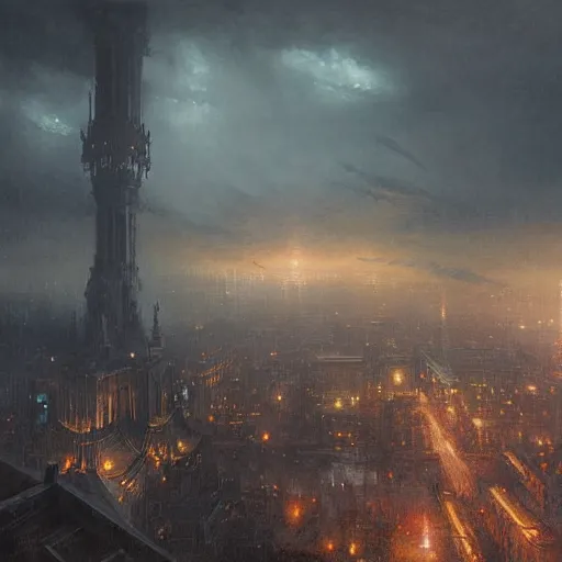 Prompt: Hyper detailed painting of a victorian city covered by dark fog, view from above, thunderstorm above, dark fantasy, by Greg Rutkowski