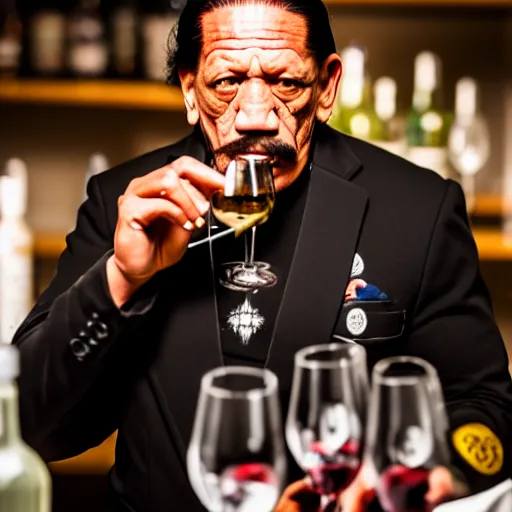 Image similar to photo of danny trejo working as a sommelier, 8 k, 5 2 mm f 1. 8