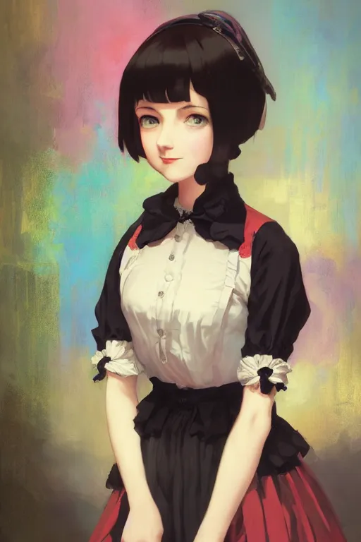 Image similar to a portrait of a cute young woman in a Victorian maid outfit with black bob cut hair, steampunk setting, vivid colors, soft lighting, atmospheric, cinematic, moody, in the style of Ilya Kuvshinov and Range Murata, Krenz Cushart, oil on canvas, 8k