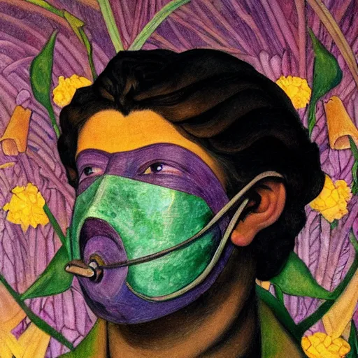 Prompt: head of a beautiful boy wearing a mask made of flowers, by diego rivera and john watkiss and annie swynnerton, art deco shaman, stylized flowers, art brut, symbolist, dramatic cinematic lighting, god rays, iridescent beetles, clean crisp graphics, smooth sharp focus, extremely detailed