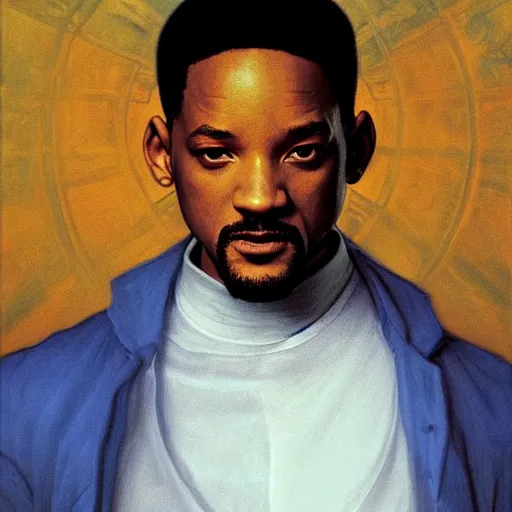 Image similar to Painting of Will Smith as Neo in The Matrix. Art by william adolphe bouguereau. During golden hour. Extremely detailed. Beautiful. 4K. Award winning.