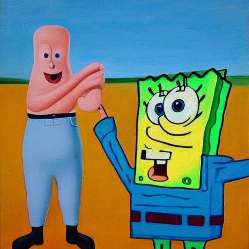 Prompt: a grant wood painting of spongebob squarepants, oil on canvas, art