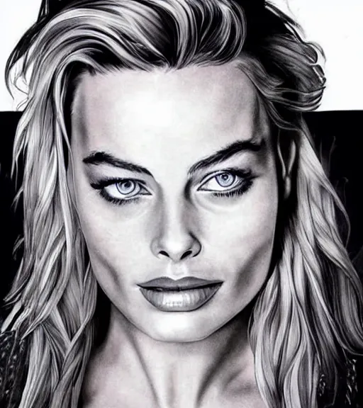 Image similar to A realistic tattoo design of margot robbie on white paper, realism tattoo design, highly detailed tattoo, shaded tattoo, hyper realistic tattoo