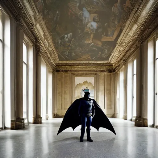 Image similar to Batman standing in giant Italian modern castle living room, clean minimalist design, that is 1300 feet tall, with very tall giant walls filled with modern art paintings, doors that are cosmic portals, photo by Annie Leibovitz