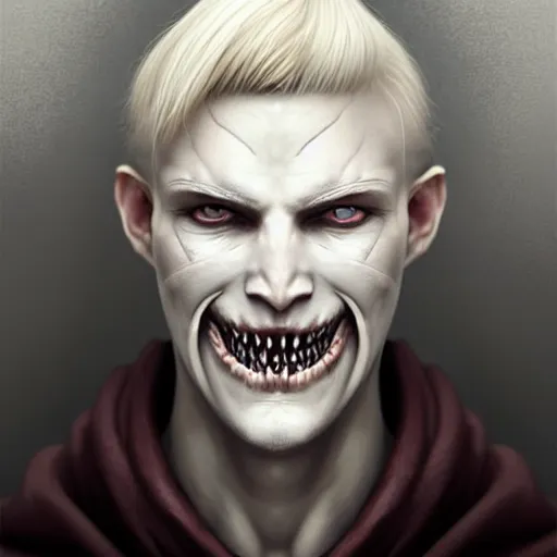 Image similar to Pale-skinned man with a pinched face, crazed eyes, and a strained toothy grin smile. He has short blond unwashed hair. He wears a stained white cultist robe. Epic fantasy art, award winning on Artstation, intricate, elegant, highly detailed, digital painting, concept art, smooth, sharp focus, illustration, art by artgerm and greg rutkowski and alphonse mucha