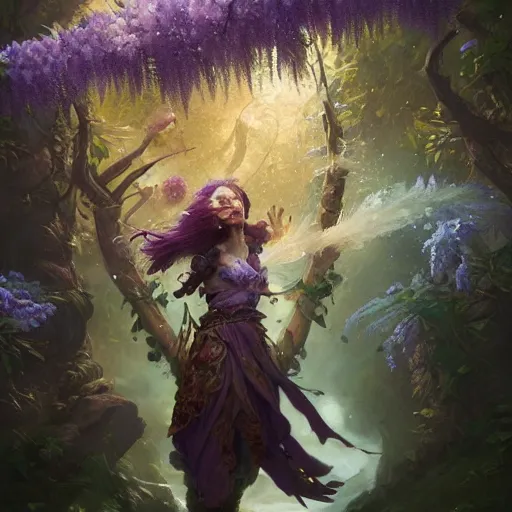 Image similar to female druid, floral explosion, radiant light, vortex of wisteria petals, oil painting, Tooth Wu, Greg Rutkowski, RPG portrait, dynamic lighting, fantasy art, High contrast, depth of field