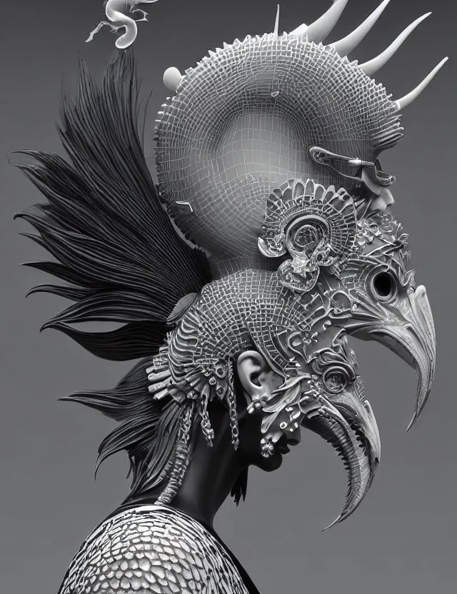 Image similar to 3 d goddess close - up profile simple portrait punk with mohawk with ram skull. beautiful intricately detailed japanese crow kitsune mask and clasical japanese kimono. betta fish, jellyfish phoenix, bio luminescent, plasma, ice, water, wind, creature, artwork by tooth wu and wlop and beeple and greg rutkowski