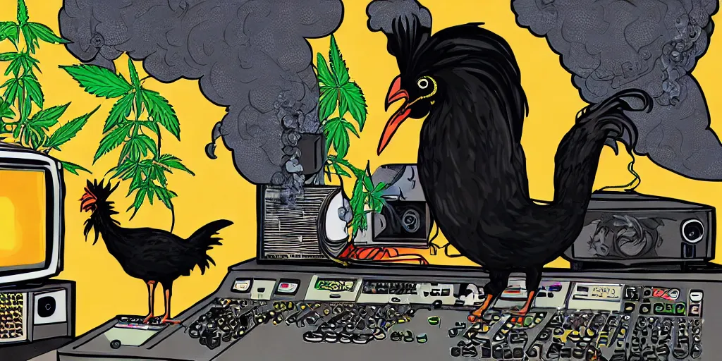 Image similar to 'black chicken'!!! smoking 'cannabis'!!!!!! in front of 'audio console'!!!! and 'multi monitors'!!!! 'in a hi-tech tv broadcasting studio'!!!!, artwork by James Gilleard