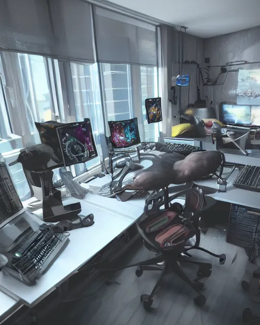 Image similar to artstation scifi scene of a complex computer workstation in a small studio apartment room, many monitors, many electronics, a window view, very detailed, maximalism, ambient occlusion, volumetric light, sun beam, atmospheric haze, unreal engine, hyper realism, realistic shading, cinematic composition, realistic render, octane render, detailed textures, photorealistic, wide shot