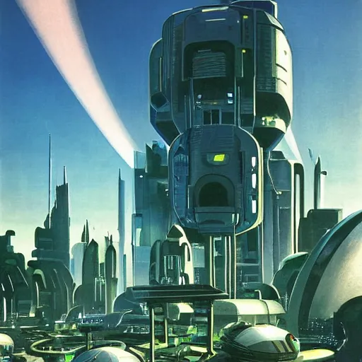 Image similar to Sci-fi cityscape with green gardens, cinematic angle, cinematic lighting, blue sky, sun in the sky, by Syd Mead, John Harris, Federico Pelat